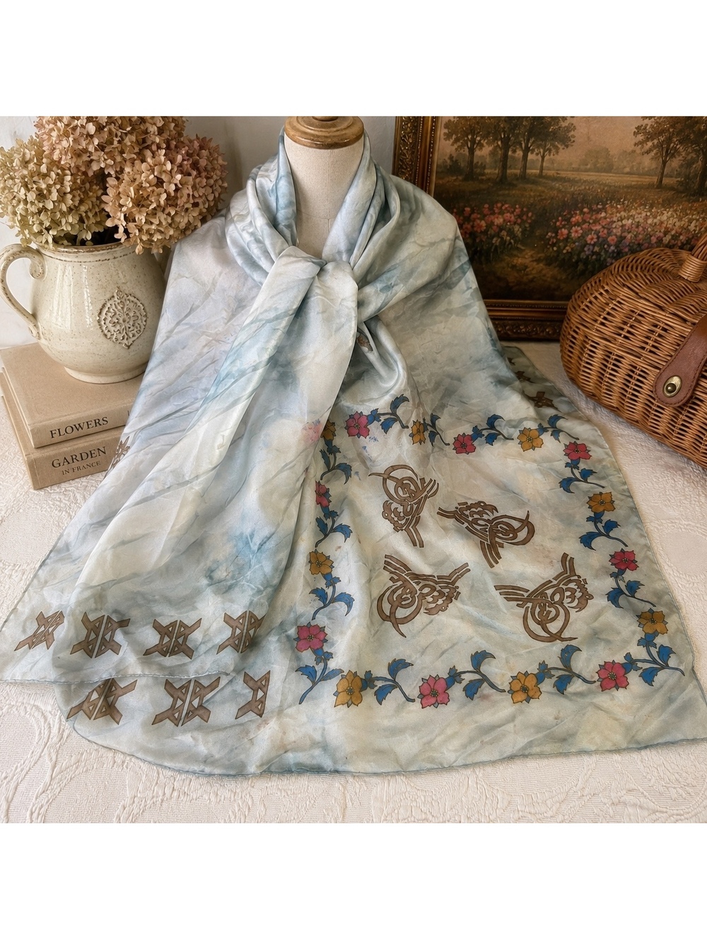 Vintage Silk Scarf 34x34 Hand Painted Style Floral Bird Motif Square Scarf